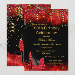 Invitación Tacones altos rojos dorados y brillo negro Fiesta