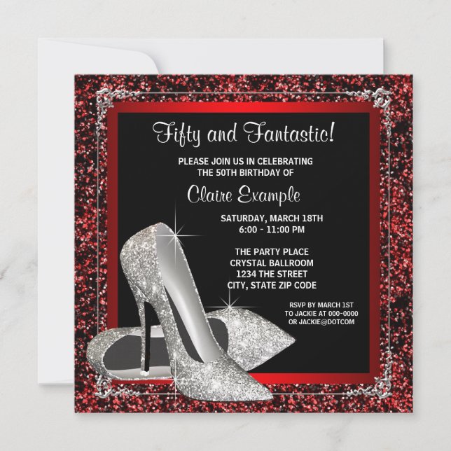 Invitación Tacones Altos Rojos Negros Cumpleaños de Mujer (Anverso)