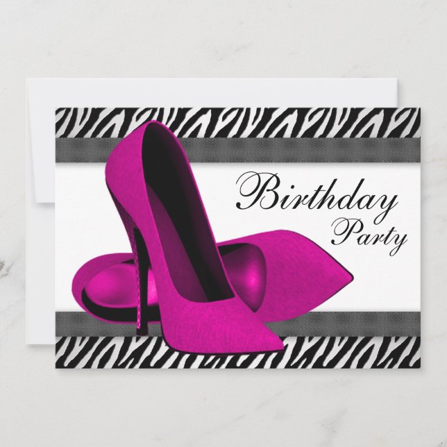 Invitación Tacones altos rosa caliente cebra fiesta de cumple (Anverso)