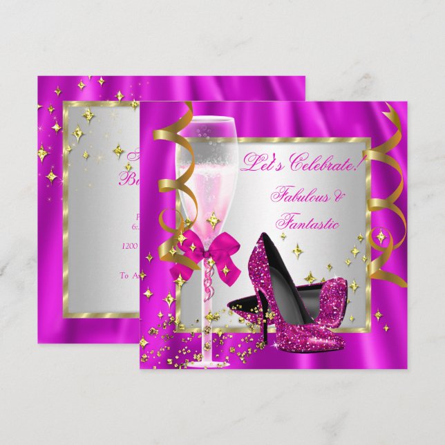 Invitación Tacones altos rosa caliente plateados para fiesta  (Anverso / Reverso)