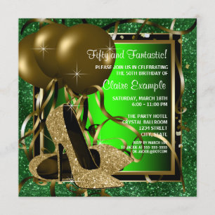 Invitación Tacones altos verdes y dorados para la fiesta de c