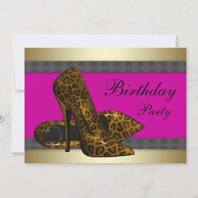Invitación Tacones altos y rosa fucsia con leopardo Cumpleaño (Anverso)