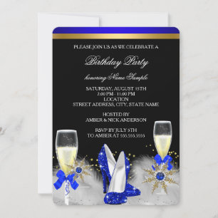 Invitación Tacones Azules Reales Dorados con Brillo Champagne
