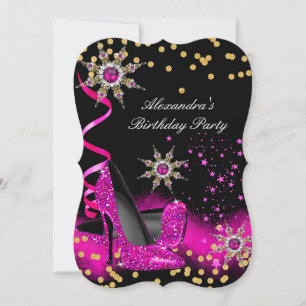 Invitación Tacones Brillantes Rosa Fucsia Fiesta de Cumpleaño