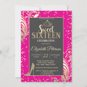 Invitación Tacones con brillo de tiara de oro diamantes rosa