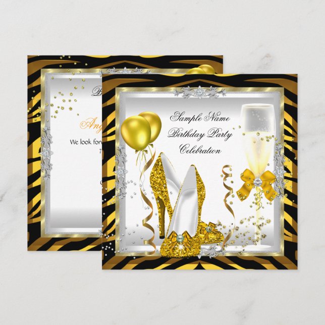 Invitación Tacones con brillo dorado de cebra Amarillo Fiesta (Anverso / Reverso)