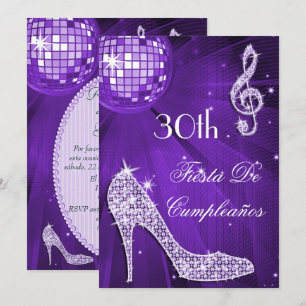 Invitación Tacones de brillo Bola de discoteca púrpura Cumple