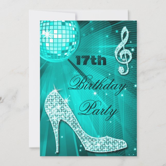 Invitación Tacones de brillo de cumpleaños 17 y bola de disco (Anverso)