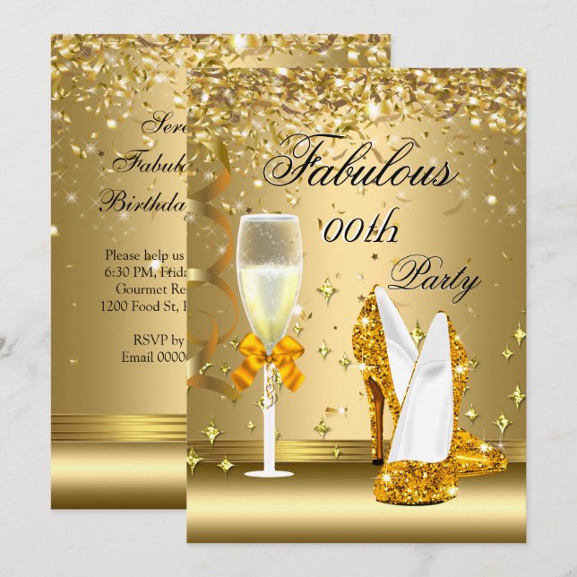 Invitación Tacones de Champagne Fabulosos con Confeti de Oro  (Anverso / Reverso)