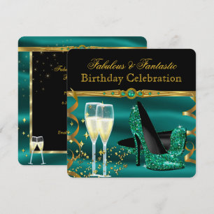 Invitación Tacones de Champagne Verde Esmeralda Fiesta de Cum