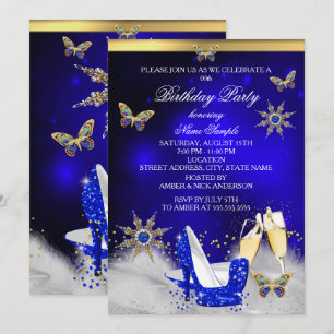 Invitación Tacones de Mariposa Azul Real Brillo Champán Dorad