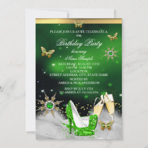 Invitación Tacones de mariposa verde lima con purpurina dorad