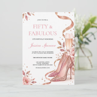 Invitación Tacones de oro rosa Champagne Floral Cumpleaños