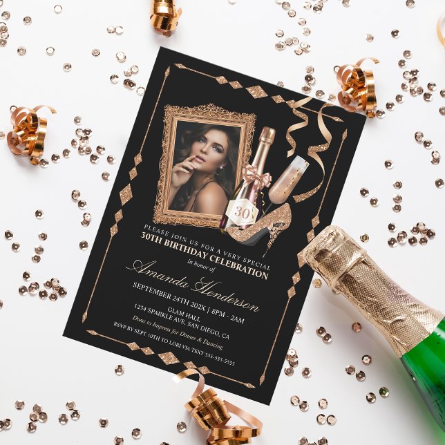 Invitación Tacones de oro rosa y champán Cumpleaños de mujer (Subido por el creador)