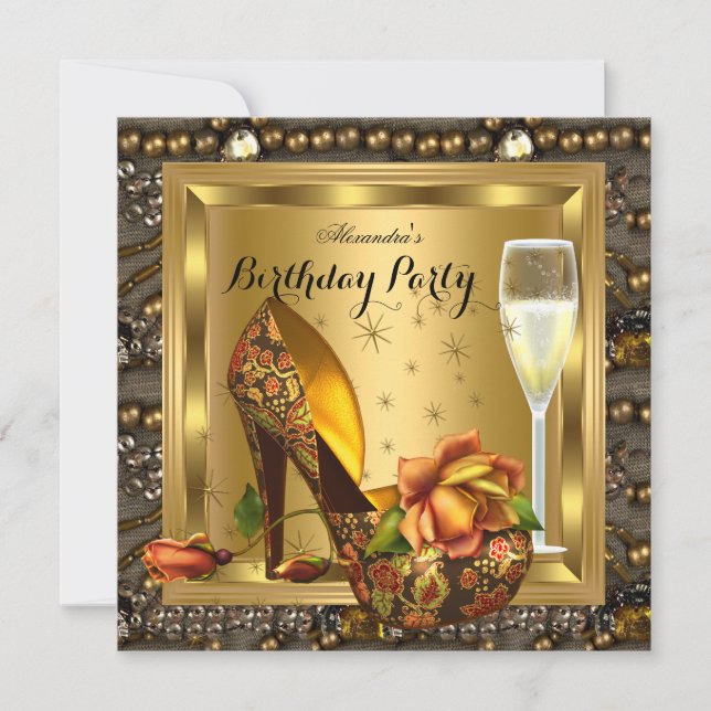Invitación Tacones de Rosas de Oro Champán Elegante Fiesta de (Anverso)