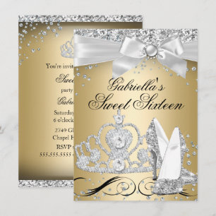 Invitación Tacones de Tiara Brillante Dorado Dulce 16