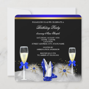 Invitación Tacones dorados con brillo azul real negro champán
