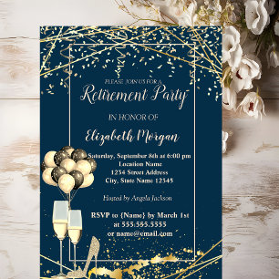 Invitación Tacones dorados, vidrio, globos, jubilación azul m