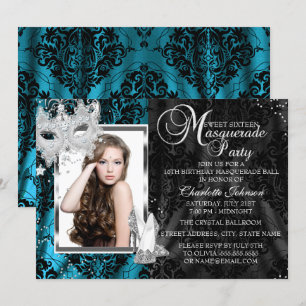 Invitación Tacones Elegantes Máscara Verde Azul Baile de Másc