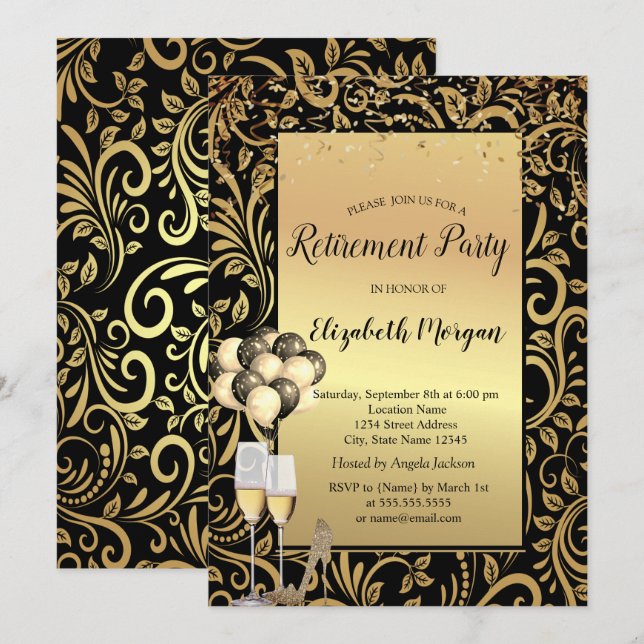 Invitación Tacones,Globos,Remezclado Dorado Fiesta de Jubilac (Anverso / Reverso)