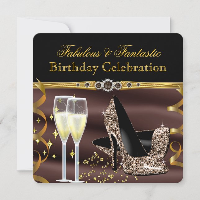 Invitación Tacones Marrones Chocolate Dorado Fabulosos Fiesta (Anverso)