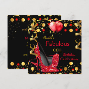 Invitación Tacones Rojos Altos Globos Dorados Fiesta de Cumpl