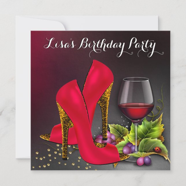 Invitación Tacones Rojos Elegantes Fiesta Cumpleaños Vino Tin (Anverso)