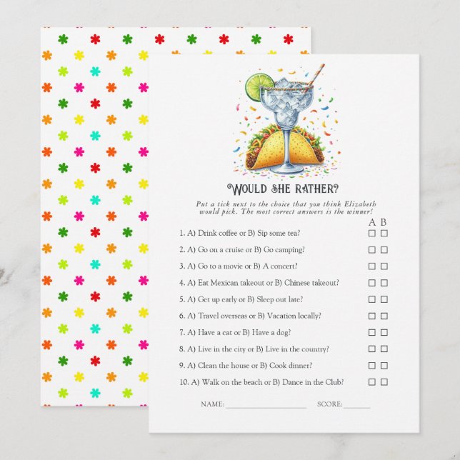 Invitación Tacos and Tequila Party "Would She Rather?" Game (Anverso / Reverso)