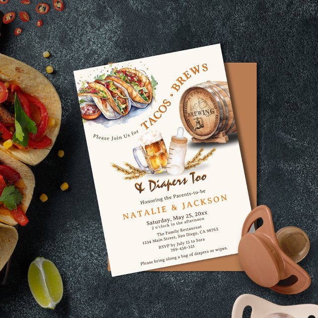 Invitación Tacos & Brews Diapers Parejas Casuales Baby Shower (Tacos & Brews Diapers Casual Couples Baby Shower Invitation)