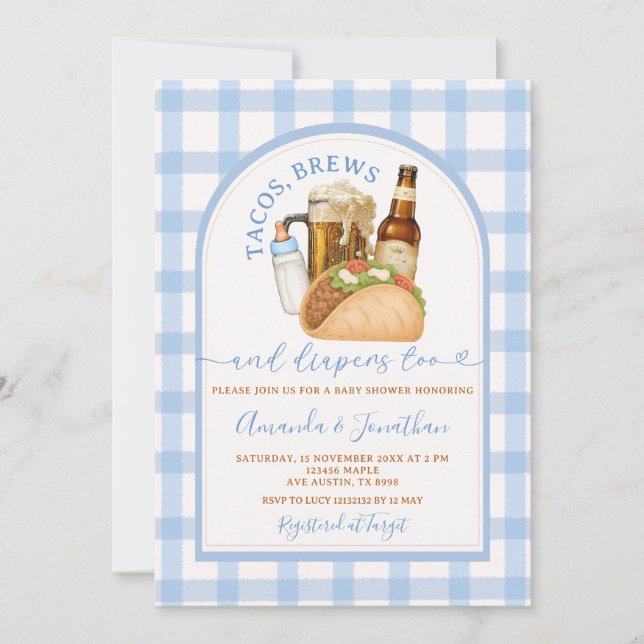 Invitación Tacos Brews y Diapers Baby Shower Blue Gingham (Anverso)