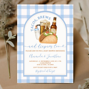 Invitación Tacos Cervezas y Pañales Baby Shower Azul Gingham