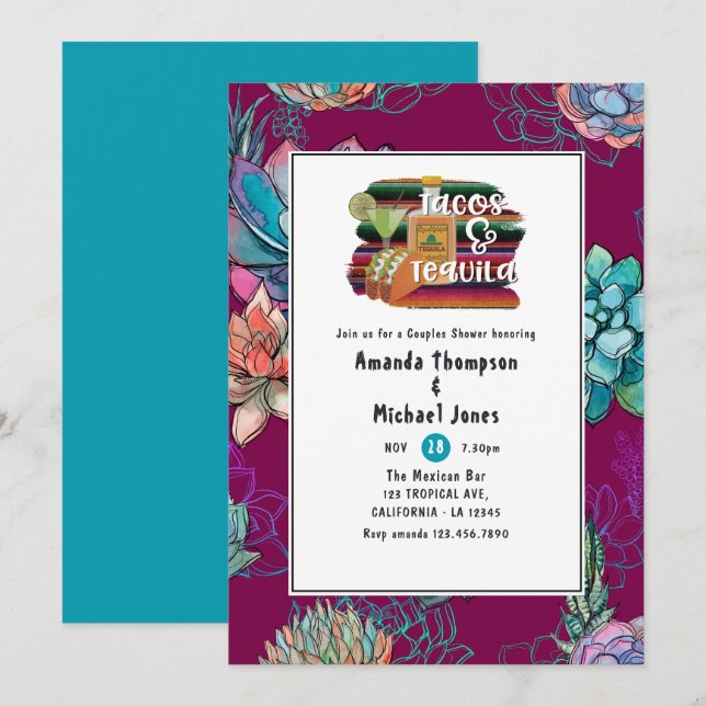 Invitación Tacos de Fiesta Mexicana y Brindis de Tequila para (Anverso / Reverso)