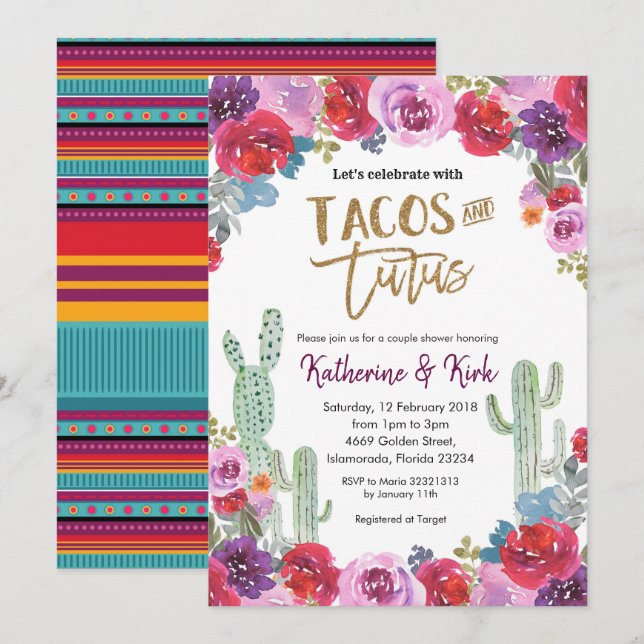 Invitación Tacos florales mexicanos y duchas cutáneas tutus (Anverso / Reverso)