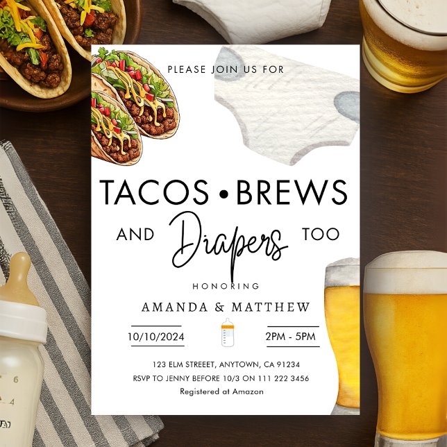Invitación Tacos, Ropa y Diapers Pareja Casual Baby Shower (Tacos Brews And Diapers Casual Couple Baby Shower Invitation)
