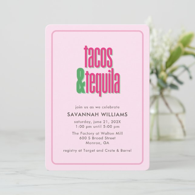 Invitación Tacos Rosados Calientes Cumpleaños Bachelorette Br (Anverso de pie)