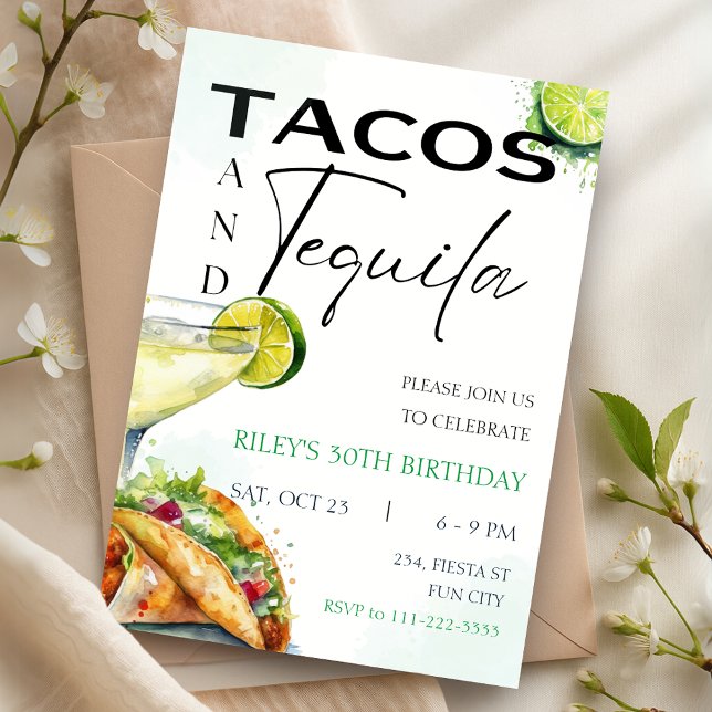 Invitación Tacos & Tequila Margarita Fiesta de Cumpleaños par (Tacos Tequila Margarita Adult Birthday Party Invitation)