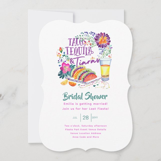 Invitación Tacos Tequilas Tiaras Última Ducha Bridal Fiesta (Anverso)