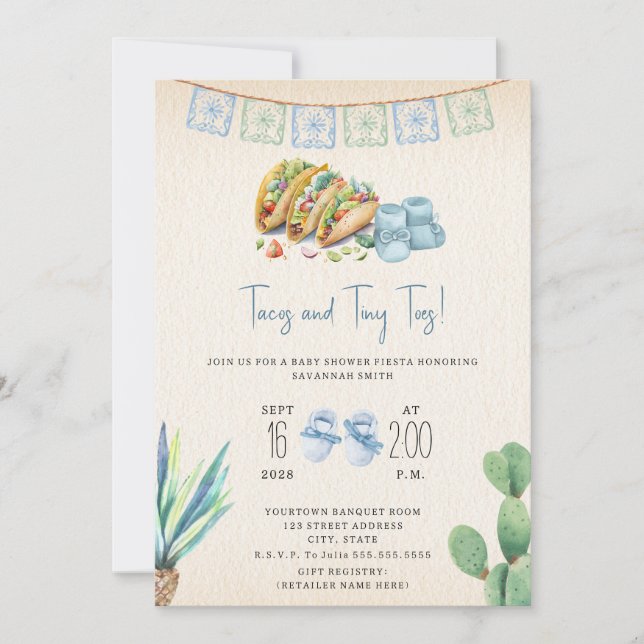 Invitación Tacos y juguetes pequeño Baby Shower Fiesta (Anverso)