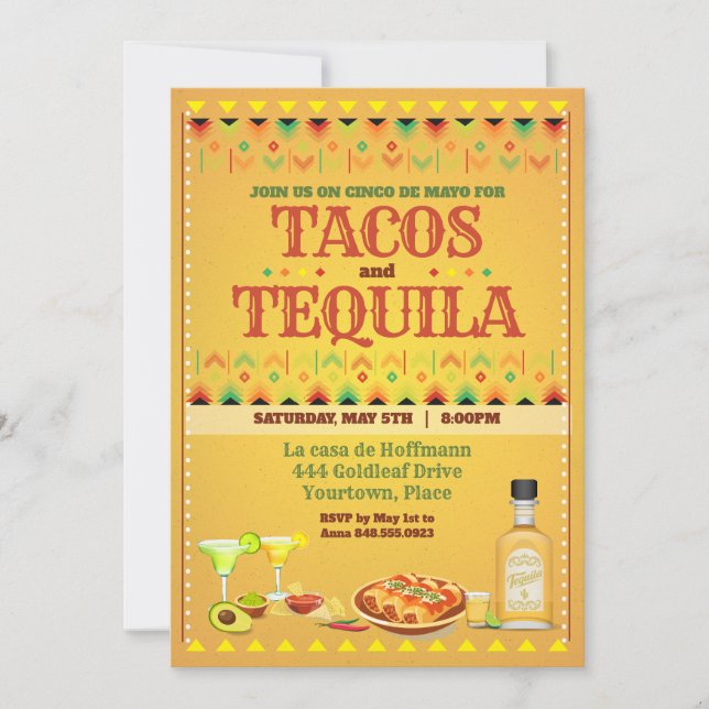 Invitación Tacos y Tequila Cinco de Mayo Fiesta Mexicana (Anverso)