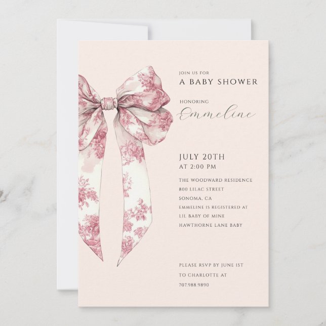 Invitación Tafetán de toile rosa sonrojado para baby shower (Anverso)