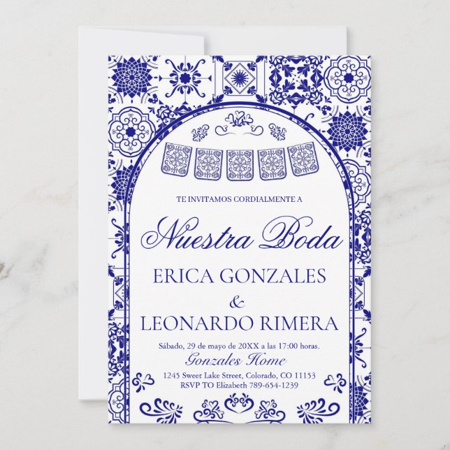 Invitación Talavera Azul Marino Papel Picado Boda Española (Anverso)