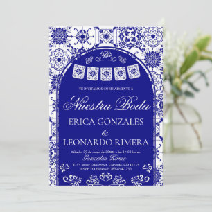 Invitación Talavera Azul Marino Papel Picado Boda Española