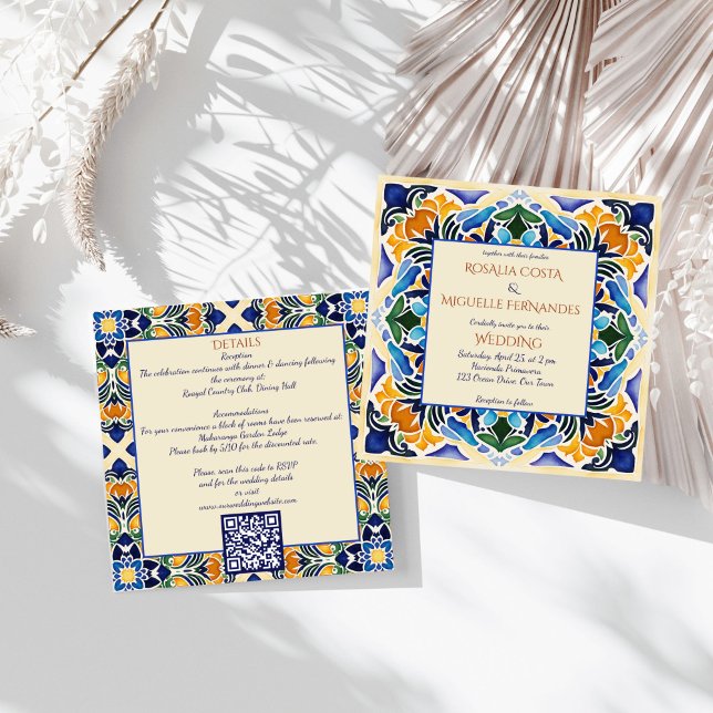 Invitación Talavera azulejo azulejo azul vintage boda mexican (Talavera azulejo blue tiles vintage Mexican wedding all in Invitation template with details QR RSVP)