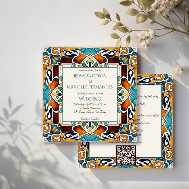 Invitación Talavera azulejo azulejo vintage boda mexicano (Talavera azulejo majolica tiles vintage Mexican wedding Invitation with RSVP editable template)
