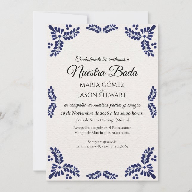Invitación Talavera Black Floral Minimalist Spanish Wedding (Anverso)