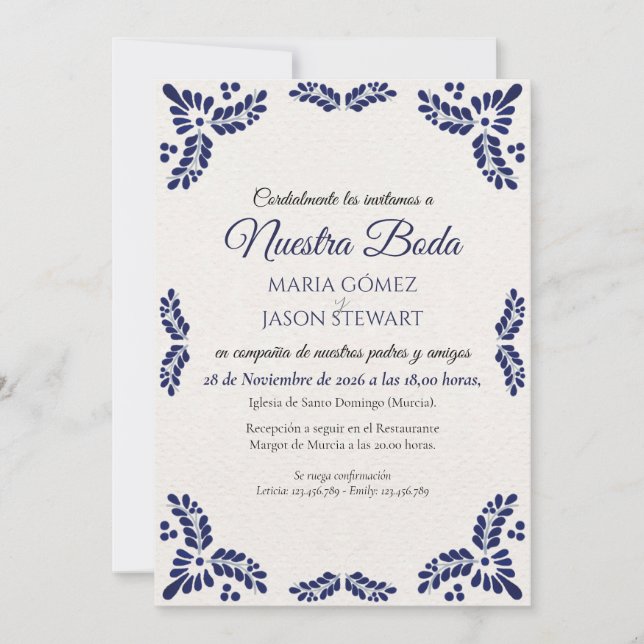 Invitación Talavera Blue Floral Minimalist Spanish Wedding (Anverso)