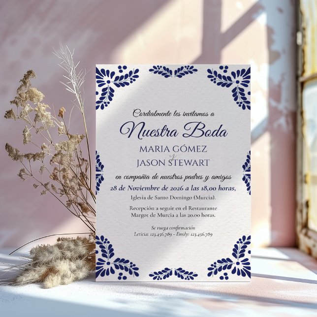 Invitación Talavera Blue Floral Minimalist Spanish Wedding (Talavera Blue Floral Minimalist Spanish Wedding Invitation)