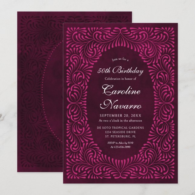 Invitación Talavera Fiesta de cumpleaños Borgoña (Anverso / Reverso)