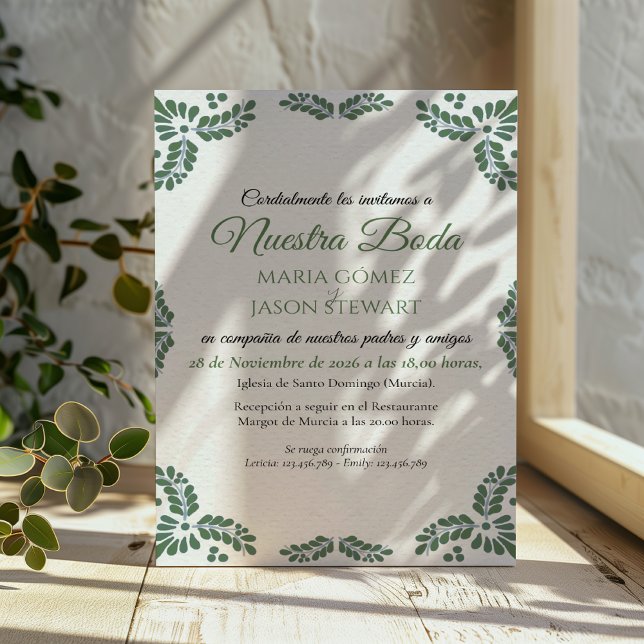 Invitación Talavera Green Floral Minimalist Spanish Wedding (Talavera Green Floral Minimalist Spanish Wedding Invitation)