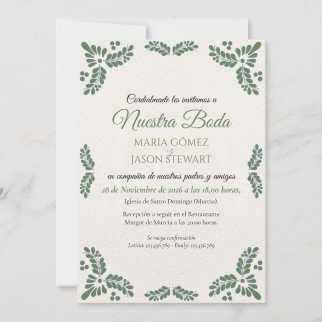 Invitación Talavera Green Floral Minimalist Spanish Wedding (Anverso)